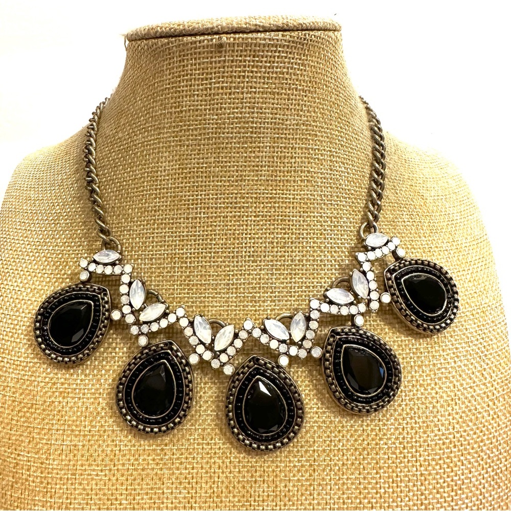 J. Crew Statement Necklace antiqued gold w/ 5 black teardrops & white crystals